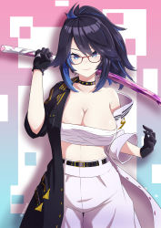 Rule 34 | 1girl, absurdres, aonouta, belt, black belt, black gloves, black hair, black jacket, blue eyes, blue hair, breasts, cleavage, commentary, english commentary, glasses, gloves, high-waist pants, highres, holding, holding sword, holding weapon, indie virtual youtuber, jacket, kson, multicolored clothes, multicolored hair, multicolored jacket, over shoulder, pants, ponytail, sarashi, smile, solo, souchou, streaked hair, sword, two-tone jacket, virtual youtuber, weapon, weapon over shoulder, white jacket, white pants