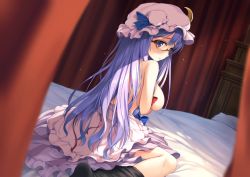 Rule 34 | 1girl, bed, bespectacled, breasts, canopy bed, clothes pull, crescent, dress, dress pull, female focus, glasses, hat, large breasts, long hair, looking at viewer, looking back, mob cap, on bed, oukatihiro, patchouli knowledge, purple dress, purple eyes, purple hair, sitting, solo, striped clothes, striped dress, topless, touhou, very long hair, wariza