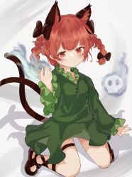 Rule 34 | 1girl, animal ear fluff, animal ears, blush, braid, breasts, cat ears, cat tail, dress, extra ears, green dress, grey background, hand up, highres, hitodama, kaenbyou rin, kneeling, long hair, multiple tails, nekomata, red eyes, red hair, simple background, skull, small breasts, smile, solo, tail, touhou, tsuna (seachicken 0141), twin braids, twintails, two tails