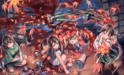 Rule 34 | 10s, 46cm triple gun mount, 6+girls, aircraft, airplane, architecture, bare shoulders, bird, black eyes, black hair, brown eyes, brown hair, bug, butterfly, cat, chick, chicken, detached sleeves, doraxi, east asian architecture, fairy (kancolle), fish, green eyes, hat, hiei (kancolle), highres, indoors, bug, japanese clothes, kantai collection, leaf, long hair, looking back, maple leaf, multiple girls, net, pantyhose, pleated skirt, ponytail, purple eyes, reaching, sailor hat, seiza, short hair, sitting, skirt, smile, souryuu (kancolle), type 13 air radar, type 33 surface radar, water, yahagi (kancolle)