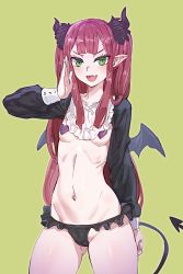 Rule 34 | 1girl, black panties, blush, bow (bhp), demon horns, demon tail, demon wings, fang, frills, gluteal fold, green eyes, green nails, heart pasties, horns, long hair, looking at viewer, nail polish, navel, panties, pasties, pointy ears, purple hair, rizu-kyun, simple background, solo, sono bisque doll wa koi wo suru, tail, twintails, underwear, wings