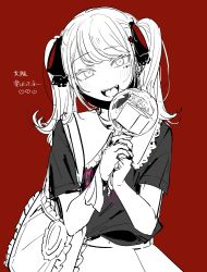 Rule 34 | 1girl, bag, black shirt, blush, facial mark, fangs, greyscale with colored background, hair ribbon, hassan (sink916), hatsune miku, head tilt, heart, heart facial mark, high contrast, highres, holding, jewelry, jirai kei, long hair, looking at viewer, mask, mask pull, mouth mask, nail polish, open mouth, own hands clasped, own hands together, red background, red theme, ribbon, ring, shirt, shoulder bag, simple background, skirt, smile, solo, swept bangs, twintails, two-sided ribbon, vampire (vocaloid), vocaloid, wristband