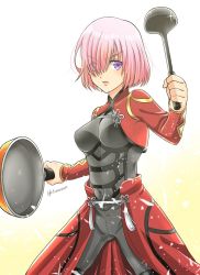 Rule 34 | 1girl, archer (fate), archer (fate) (cosplay), artist name, bodysuit, breasts, commentary request, cosplay, dual wielding, fate/stay night, fate (series), frown, hair over one eye, highres, holding, holding ladle, holding pan, hutomomo syobou, ladle, long sleeves, mash kyrielight, medium breasts, navel, pink hair, purple eyes, short hair, sparkle