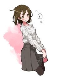 Rule 34 | bag, black pantyhose, blush, breasts, brown hair, casual, clothes lift, cosplay, cowboy shot, dutch angle, fujisaki (si da), grey skirt, handbag, heart, highres, hiryuu (kancolle), holding, holding bag, kantai collection, large breasts, lifted by self, musical note, one side up, pantyhose, ribbed sweater, short hair, skirt, smile, solo, souryuu (kancolle), souryuu (kancolle) (cosplay), spoken musical note, sweater, white sweater