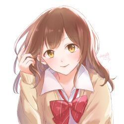 Rule 34 | 1girl, blush, bow, bowtie, brown cardigan, brown hair, cardigan, closed mouth, collared shirt, commentary, dated, dress shirt, tucking hair, hige wo soru. soshite joshikousei wo hirou., highres, long hair, looking at viewer, lunabi, ogiwara sayu, red bow, red bowtie, school uniform, shirt, sidelocks, signature, simple background, solo, upper body, variant set, white background, white shirt
