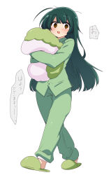 Rule 34 | 1girl, ahoge, alternate costume, black eyes, blush, commentary request, food-themed pillow, full body, green footwear, green hair, green pajamas, highres, hugging object, kasukeomote, long hair, long sleeves, looking at viewer, messy hair, open mouth, pajamas, pillow, pillow hug, slippers, smile, solo, speech bubble, touhoku zunko, translation request, voiceroid, waking up, walking, white background, wide-eyed, zunda mochi