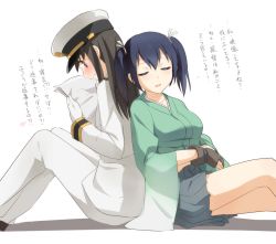 Rule 34 | 10s, 2girls, artist self-insert, back-to-back, bad id, bad pixiv id, blush, brown hair, crossed arms, female admiral (kancolle), hat, japanese clothes, kantai collection, kisetsu, military, military uniform, multiple girls, paper, short hair, souryuu (kancolle), translated, twintails, uniform
