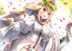 Rule 34 | 1girl, aestus estus, ahoge, backlighting, blonde hair, blush, breasts, bridal veil, chain, cleavage, detached collar, detached sleeves, elbow gloves, fate/extra, fate/extra ccc, fate/grand order, fate (series), flower wreath, full-length zipper, gloves, green eyes, hair intakes, head wreath, izumi akane, large breasts, leotard, lock, long hair, looking at viewer, nero claudius (bride) (fate), nero claudius (bride) (third ascension) (fate), nero claudius (fate), nero claudius (fate) (all), open mouth, padlock, puffy detached sleeves, puffy sleeves, smile, veil, white gloves, white leotard, white sleeves, zipper