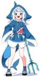Rule 34 | 1girl, :d, absurdres, animal hood, blue eyes, blue hair, blue hoodie, blue nails, blue socks, commentary request, drawstring, fins, fish tail, gawr gura, gawr gura (1st costume), hand on own hip, highres, holding, holding polearm, holding weapon, hololive, hololive english, hood, hood up, hoodie, long sleeves, looking at viewer, multicolored hair, nail polish, open mouth, polearm, shadow, shark hood, shark tail, sharp teeth, shoes, simple background, smile, socks, solo, standing, streaked hair, tail, teeth, tosyeo, trident, v-shaped eyebrows, virtual youtuber, weapon, white background, white footwear, white hair, wide sleeves
