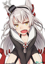 Rule 34 | 1girl, 4690 (tkpbsk), amatsukaze (kancolle), brown dress, dress, fang, garter straps, grey neckerchief, hair tubes, hat, kantai collection, lifebuoy ornament, long hair, looking at viewer, mini hat, neckerchief, one-hour drawing challenge, open mouth, red legwear, sailor dress, silver hair, simple background, sitting, smoke, smokestack hair ornament, solo, two side up, v arms, wariza, white background