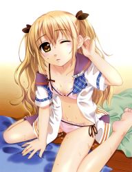 Rule 34 | 1girl, :&lt;, barefoot, blonde hair, blush, bra, breasts, feet, flat chest, ginta, hair ribbon, highres, legs, lingerie, long hair, one eye closed, open clothes, open shirt, panties, ribbon, saotome tsukasa, shirt, side-tie panties, sitting, soles, solo, sugar+spice!, sugar + spice, toes, triangle mouth, underwear, wet, wink, yellow eyes