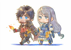 Rule 34 | 1boy, 1girl, belt, black cape, black hair, blue eyes, cape, chibi, clive rosfield, couple, feathers, final fantasy, final fantasy xvi, frilled skirt, frills, grey hair, hand grab, hetero, holding, holding feather, holding hands, jill warrick, long hair, puffy sleeves, red feathers, skirt, smile, sword, walking, weapon, white background, zeldin