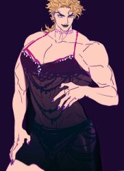 Rule 34 | 1boy, abs, bare shoulders, black lips, blonde hair, closed mouth, collarbone, crossdressing, dio brando, eyelashes, highres, jewelry, jojo no kimyou na bouken, large pectorals, lips, lipstick, long hair, looking away, makeup, male focus, muscular, muscular male, pectorals, purple nails, see-through, see-through camisole, shenshan laolin, smile, solo, stardust crusaders, thick thighs, thighs, yellow eyes