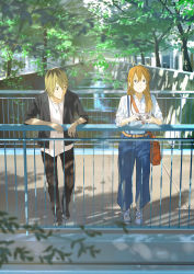 Rule 34 | 1boy, 1girl, absurdres, ahoge, bag, belt, black footwear, black jacket, black pants, blonde hair, blue pants, blurry, blurry background, bridge, camera, closed mouth, commentary request, depth of field, highres, holding, holding camera, huge filesize, jacket, jewelry, loundraw, necklace, original, outdoors, pants, railing, river, road, shirt, shoes, shoulder bag, smile, standing, suspenders, tree, white shirt