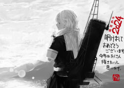 Rule 34 | 1girl, 2024, adapted turret, artist logo, cigarette, commentary request, from behind, greyscale, hair ornament, hairclip, highres, holding, holding cigarette, kantai collection, kappa modoki, long hair, looking at viewer, looking back, machinery, monochrome, rigging, sailor collar, scarf, school uniform, serafuku, short sleeves, smokestack, solo, translation request, yuudachi (kancolle), yuudachi kai ni (kancolle)