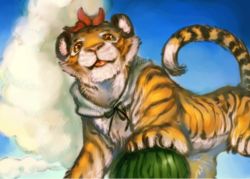 Rule 34 | cloud, day, female focus, food, from below, fruit, holding, holding food, holding fruit, no humans, sky, solo, tiger, toramaru shou, toramaru shou (tiger), touhou, upg, watermelon