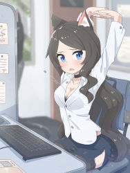 Rule 34 | 1girl, absurdres, aina (mao lian), animal ear fluff, animal ears, arms up, black bra, black choker, blue eyes, blue skirt, blurry, blurry background, blush, bra, bra peek, breasts, brown hair, brown thighhighs, bursting breasts, cat ears, cat tail, chair, choker, cleavage, cubicle, depth of field, from side, hands up, highres, indoors, keyboard (computer), long hair, mao lian (nekokao), medium breasts, miniskirt, office, office chair, open mouth, original, pencil skirt, popped button, shirt, sitting, skirt, solo, stretching, swivel chair, tail, thighhighs, underwear, white shirt