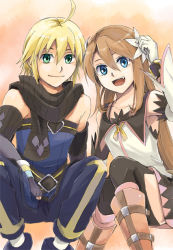 Rule 34 | 00s, 1boy, 1girl, ahoge, blonde hair, blue eyes, boots, brown hair, emil castagnier, flower, gloves, green eyes, hair ornament, knee boots, long hair, marta lualdi, orange background, scarf, smile, striped clothes, striped scarf, tales of (series), tales of symphonia, tales of symphonia: dawn of the new world