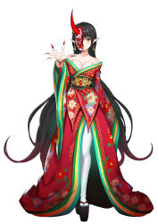 Rule 34 | 1girl, absurdres, bare shoulders, black hair, blush, breasts, character request, claws, cleavage, copyright request, dress, earrings, fang, floral print, full body, greem bang, half mask, highres, horned mask, jewelry, large breasts, long hair, looking at viewer, mask, okobo, platform clogs, platform footwear, pointy ears, reaching, reaching towards viewer, red dress, sandals, simple background, smile, solo, standing, very long hair, white background, white legwear, yellow eyes