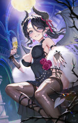 Rule 34 | 1girl, absurdres, arch, arm strap, bare shoulders, black dress, black footwear, black gloves, black hair, black nails, black ribbon, black thighhighs, branch, breasts, bridal gauntlets, champagne flute, chandelier, china dress, chinese clothes, cleavage, covered navel, cross-laced clothes, cup, demon girl, demon horns, demon tail, demon wings, dress, dress flower, drink, drinking glass, drop earrings, ear piercing, earrings, eyeball, eyes visible through hair, fang, feather boa, feet out of frame, fingernails, floating hair, flower, from below, gloves, grey eyes, grin, hair between eyes, hair over one eye, heart, heart earrings, heartki, highres, holding, holding drink, horn ornament, horn ribbon, horns, indoors, jewelry, leg ribbon, long bangs, long fingernails, long hair, looking at viewer, mansion, medium breasts, mole, mole under mouth, multiple piercings, nail polish, original, parted bangs, piercing, pointy ears, red flower, red ribbon, red rose, ribbon, rose, signature, sitting, sleeveless, sleeveless dress, smile, solo, strappy heels, tail, teeth, thighhighs, thighs, torn clothes, torn thighhighs, torn wings, wings, wrist ribbon