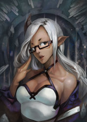 Rule 34 | 1girl, absurdres, bare shoulders, blue eyes, breasts, collarbone, ear piercing, glasses, highres, horns, iorlvm, large breasts, lips, long hair, open mouth, original, piercing, single horn, solo, white hair