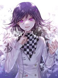 Rule 34 | 1boy, artist name, black hair, buttons, checkered clothes, checkered scarf, danganronpa (series), danganronpa v3: killing harmony, double-breasted, grin, hair between eyes, hand up, highres, index finger raised, jacket, long sleeves, male focus, medium hair, multicolored background, multicolored hair, oma kokichi, pink eyes, pink hair, scarf, smile, solo, teeth, two-tone hair, upper body, watermark, white jacket, z-epto (chat-noir86)