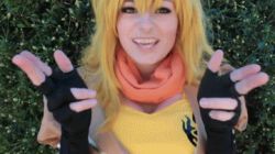Rule 34 | 1girl, animated, animated gif, blonde hair, breasts, cosplay, female focus, kayla erin, long hair, lowres, photo (medium), rwby, smile, solo, upper body, yang xiao long