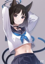 Rule 34 | 1girl, animal ears, arms behind head, arms up, black choker, black hair, blue archive, blue neckerchief, blue skirt, blush, breasts, bright pupils, cat ears, cat tail, choker, cropped shirt, guri (gri1211), halo, kikyou (blue archive), looking at viewer, midriff, multiple tails, navel, neckerchief, pleated skirt, school uniform, serafuku, shirt, short hair, skirt, small breasts, solo, stomach, tail, white pupils, white shirt
