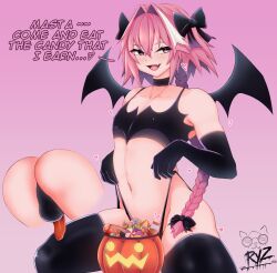Rule 34 | 1boy, absurdres, ass, ass focus, astolfo (fate), bat wings, blush, commentary, covered testicles, cowboy shot, detached sleeves, english commentary, english text, erection, fang, fate (series), hair ribbon, halloween, halloween costume, heart, highres, male focus, navel, penis, pink hair, ribbon, ryz ryz, simple background, skin fang, small penis, smile, solo, trap, wings