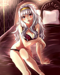 Rule 34 | 1girl, absurdres, bed, blush, bra, breasts, cleavage, hairband, highres, hisa tsuki, idolmaster, idolmaster (classic), lingerie, long hair, looking at viewer, open mouth, panties, red eyes, shijou takane, silver hair, solo, underwear, underwear only