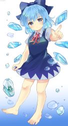 Rule 34 | 1girl, barefoot, blue bow, blue dress, blue eyes, blue hair, bow, cirno, closed mouth, collared shirt, commentary, dress, frog, full body, hair bow, highres, ice, ice wings, index finger raised, neck ribbon, ramudia (lamyun), red ribbon, ribbon, shirt, short hair, short sleeves, simple background, solo, touhou, twitter username, white background, white shirt, wings