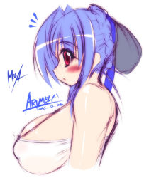 Rule 34 | 1girl, arumela, bare shoulders, blue hair, blush, braid, breasts, french braid, from side, hair up, huge breasts, mel/a, original, red eyes, sideboob, sketch, solo, strapless, tube top, upper body