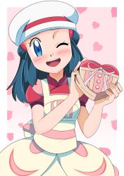 Rule 34 | 1girl, apron, blue eyes, blue hair, blush, chef hat, cowboy shot, creatures (company), dawn (pokemon), game freak, gift, hainchu, hair ornament, hairpin, hands up, hat, heart, heart background, highres, holding, holding gift, long hair, nintendo, one eye closed, open mouth, pink background, pink shirt, pokemon, pokemon masters ex, shirt, short sleeves, smile, teeth, tongue, upper teeth only