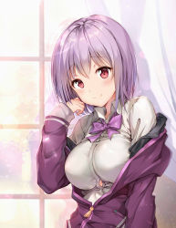 Rule 34 | 10s, 1girl, bow, breasts, button gap, collared shirt, commentary request, gridman universe, highres, jacket, large breasts, light purple hair, off shoulder, purple bow, purple jacket, purple neckwear, revision, shinjou akane, shirt, short hair, sleeves past wrists, solo, ssss.gridman, taro (ultrataro), uniform, white shirt, zipper pull tab