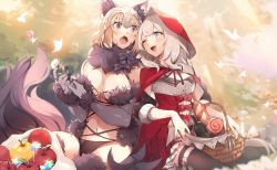 Rule 34 | 2girls, animal ears, apple, big bad wolf, big bad wolf (cosplay), black legwear, blonde hair, blue eyes, breasts, bug, butterfly, capelet, cleavage, cosplay, elbow gloves, fate/apocrypha, fate/grand order, fate (series), flower, food, fruit, fur-trimmed gloves, fur-trimmed legwear, fur collar, fur trim, gloves, golden apple, grimm&#039;s fairy tales, halloween, halloween costume, headpiece, hood, hooded capelet, insect, jeanne d&#039;arc (fate), jeanne d&#039;arc (ruler) (fate), lace, lace-trimmed legwear, lace trim, large breasts, little red riding hood, little red riding hood (grimm), little red riding hood (grimm) (cosplay), long hair, marie antoinette (fate), marie antoinette (festival outfit) (fate), mash kyrielight, mash kyrielight (dangerous beast), mash kyrielight (dangerous beast) (cosplay), multiple girls, nature, navel, no-kan, o-ring, o-ring top, official alternate costume, one eye closed, open mouth, outdoors, picnic basket, purple gloves, purple legwear, red capelet, red headwear, red hood, revealing clothes, saint quartz (fate), silver hair, tail, very long hair, wolf ears, wolf girl, wolf tail, yuri