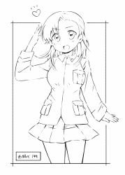 Rule 34 | 1girl, :d, aged down, asymmetrical bangs, border, character name, chi-hatan military uniform, commentary, cowboy shot, girls und panzer, greyscale, heart, highres, itsumip, jacket, lineart, long sleeves, looking at viewer, medium hair, military, military uniform, miniskirt, monochrome, nishi kinuyo, notice lines, open mouth, outside border, pleated skirt, skirt, smile, solo, standing, straight hair, translated, uniform