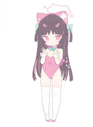 Rule 34 | 1girl, :o, animal ears, black hair, blade (galaxist), blue bow, blush, bow, breasts, cat ears, cat tail, chibi, full body, hair bow, halo, hands up, highres, leotard, long hair, looking at viewer, multicolored hair, multiple tails, nekoyama nae, parted lips, pink eyes, pink footwear, pink hair, pink leotard, shoes, simple background, small breasts, solo, standing, strapless, strapless leotard, streaked hair, tail, thighhighs, toranoana, two-tone hair, two side up, two tails, very long hair, virtual youtuber, white background, white thighhighs, wrist cuffs
