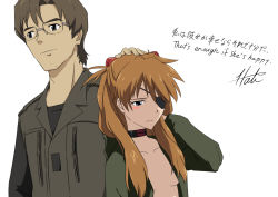 Rule 34 | 1boy, 1girl, aida kensuke, beard, blue eyes, blush, breasts, brown hair, choker, cleavage, couple, embarrassed, evangelion: 3.0+1.0 thrice upon a time, eyepatch, facial hair, glasses, grin, hair ornament, hairclip, hand on another&#039;s head, jacket, long hair, neon genesis evangelion, rebuild of evangelion, short hair, smile, souryuu asuka langley, standing, twintails