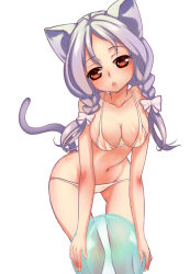 Rule 34 | 1girl, animal ears, bent over, bikini, bow, braid, breasts, brown eyes, cat ears, cat girl, cat tail, cleavage, female focus, hair bow, hip focus, kawagoe pochi, leaning forward, open mouth, original, purple hair, simple background, solo, swimsuit, tail, thigh gap, thighs, twin braids, white background