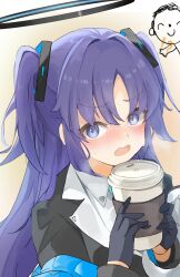 Rule 34 | !?, 1girl, 1other, :o, absurdres, black gloves, blazer, blue archive, blush, breath, chankuro, commentary, cup, disposable cup, doodle sensei (blue archive), embarrassed, gloves, halo, highres, holding, holding cup, jacket, long hair, looking at viewer, nose blush, purple eyes, sensei (blue archive), sweat, two side up, upper body, very long hair, yuuka (blue archive)
