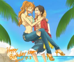 Rule 34 | 1boy, 1girl, black eyes, black hair, blush, carrying, carrying person, couple, hat, monkey d. luffy, nami (one piece), one piece, orange hair, pirate, short hair, smile, tattoo