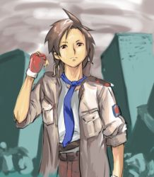 Rule 34 | 1boy, advance wars, advance wars: days of ruin, belt, building, fingerless gloves, frown, gloves, grey hair, male focus, military, military uniform, necktie, open clothes, open shirt, outdoors, pink eyes, rnaru0, shirt, short hair, sky, sleeves rolled up, solo, spiked hair, uniform, will (advance wars)
