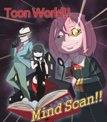 Rule 34 | 1boy, 2girls, absurdres, anya&#039;s heh face (meme), anya (spy x family), black dress, black gloves, black hair, black thighhighs, blonde hair, book, car, card, commentary, cosplay, dagger, dress, dual wielding, earrings, eden academy school uniform, english commentary, english text, fedora, formal, gloves, glowing, glowing eye, gold earrings, gold hairband, gold trim, gun, hair between eyes, hairband, hairpods, handgun, hat, highres, holding, holding card, holding gun, holding weapon, hotsaurus, jewelry, knife, lace, lace-trimmed legwear, lace trim, lamppost, long hair, medium hair, meme, millennium eye, motor vehicle, multiple girls, necktie, no nose, off-shoulder dress, off shoulder, open book, parody, pegasus j crawford, pegasus j crawford (cosplay), pink hair, pointy nose, power connection, red eyes, red necktie, school uniform, shaded face, short hair, silhouette, smirk, spy x family, stiletto (weapon), style parody, suit, thighhighs, toon world, trait connection, twilight (spy x family), very short hair, walther, walther ppk, weapon, yor briar, yu-gi-oh!, yu-gi-oh! duel monsters
