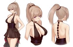 Rule 34 | 1girl, azur lane, backless dress, backless outfit, bare arms, bare shoulders, black dress, black gloves, black skirt, breasts, choker, cleavage, collarbone, commentary request, dress, evening gown, gloves, halterneck, hand on own hip, highres, jean bart (azur lane), jean bart (uninhibited bloodstone) (azur lane), large breasts, long hair, multiple views, platinum blonde hair, ponytail, purple eyes, sidelocks, skirt, sleeveless, sleeveless dress, thighs, zukanosuke