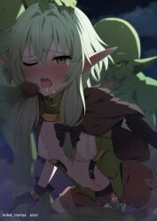 Rule 34 | 1girl, 3boys, :o, anal, artist name, belt, black belt, blush, breasts, brown cape, cape, clothed sex, colored skin, completely nude, double penetration, gang rape, goblin, goblin slayer!, green hair, green skin, high elf archer (goblin slayer!), imminent irrumatio, kohei moriya, long hair, multiple boys, navel, night, nude, outdoors, pointy ears, rape, sex, sharp teeth, small breasts, sweat, teeth, tongue, torn cape, torn clothes, upper teeth only, vaginal