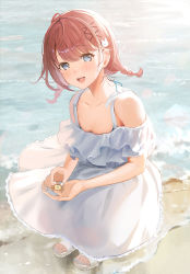 Rule 34 | 1girl, :d, bare shoulders, beach, blue nails, blush, breasts, brown hair, cleavage, collarbone, commentary request, crab, day, dress, frilled dress, frills, full body, hair ornament, hairclip, happy, highres, holding, long dress, looking at viewer, medium hair, nail polish, ocean, open mouth, original, outdoors, rabbit hair ornament, sand, sandals, short twintails, sidelocks, smile, solo, squatting, teeth, toenail polish, toenails, twintails, upper teeth only, white dress, white footwear, x hair ornament, yukimaru nun