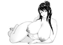Rule 34 | 1girl, absurdres, breasts, curvy, female pubic hair, hakai shin, half-closed eyes, highres, huge breasts, large areolae, long hair, looking at viewer, lying, monochrome, nail polish, navel, nipples, nude, on side, original, plump, pubic hair, smile, smug, solo, thighs, very long hair, wide hips
