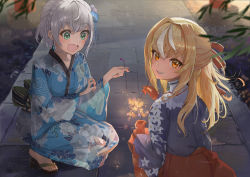 Rule 34 | 2girls, alternate hairstyle, blonde hair, blurry, blurry foreground, bow, breasts, brown eyes, dark-skinned female, dark skin, elf, evening, fireworks, floral print, from behind, gloves, green eyes, grin, hair bow, hair up, high collar, highres, holding, holding fireworks, hololive, japanese clothes, kimono, large breasts, leaf, long hair, looking at viewer, looking down, multicolored hair, multiple girls, onbashira, open mouth, path, pointy ears, red bow, red gloves, road, sanada keisui, sandals, senkou hanabi, shadow, shiranui flare, shiranui flare (new year), shirogane noel, shirogane noel (new year), smile, sparkler, squatting, stone path, streaked hair, virtual youtuber, wide-eyed, wide sleeves, yukata