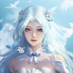 Rule 34 | 1girl, absurdres, bare shoulders, bird, blue eyes, blue sky, bug, butterfly, butterfly on hand, closed mouth, detached collar, doupo cangqiong, dress, facial mark, forehead mark, gloves, hair ornament, highres, insect, long hair, looking at viewer, sky, smile, solo, white dress, white gloves, white hair, xie ling, yun yun (doupo cangqiong)
