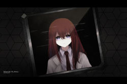 Rule 34 | 1girl, absurdres, artist name, character name, collared shirt, copyright name, dutch angle, grey jacket, hair between eyes, highres, jacket, lawnielle, letterboxed, long hair, looking at viewer, makise kurisu, open clothes, open jacket, pale skin, purple eyes, red hair, screen, shirt, solo, steins;gate, white shirt, wing collar